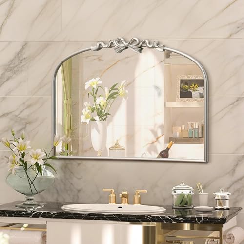 Image of Besdomus Antique Arched Silver Mirror: 32x24 Vintage Bow Vanity Mirror | French Baroque Metal Framed - Traditional Ornate for Living Room /Entryway /Bathroom- Ideal for Guest Bath Remodeling