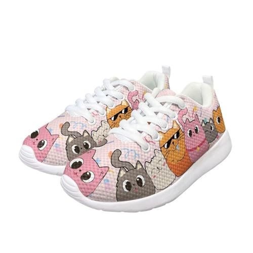 Girl's Mesh Sports Shoes Lightweight Running Tennis Shoes Funny Cat Pattern Sneakers Non Slip Comfortable Breathable Lace Up Casual Walking Shoes for Primary School Students White US 13