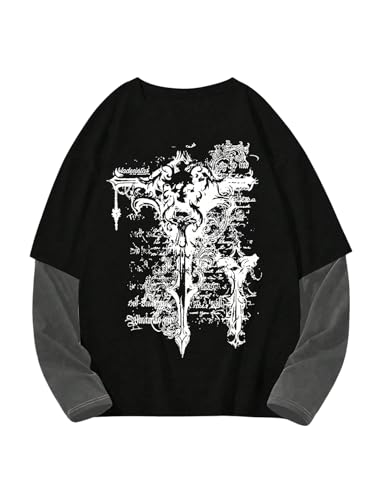 GORGLITTER Men's Cross Graphic Gothic 2 in 1 Tee Tops Long Sleeve Crewneck Street T-Shirts Black Small