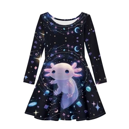Gomyblomy Girls Fall Dress Long Sleeve Swing Skater Dresses Cute Axolotl-Theme Kids Clothes Party Twirly Outfits Casual