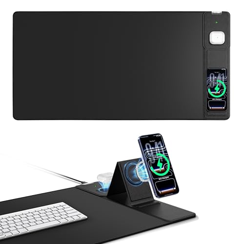 Image of Mouse Pad with Magnetic Wireless Charger & Adjustable Phone Stand | 31.5 inchx15.8 inch Full Desk Coverage Mousepad, Waterproof Ultra-Smooth Desk Mat, Non-Slip Base, Black