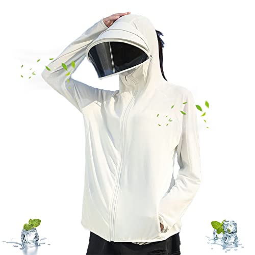 Nawvyis Women's UPF 50+ Sun Protection Zip Hoodie Ice-Like Jacket Sunscreen Breathable Sun Shirt Hiking Outdoor Detachable Sunglass (as1, alpha, m, regular, regular, White)