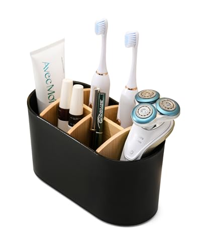 Portacepillos de dientes negro para baño con compartimentos de bambú, soporte para cepillo de dientes eléctrico con parte inferior antideslizante, organizador de cepillos de dientes de 6 ranuras,