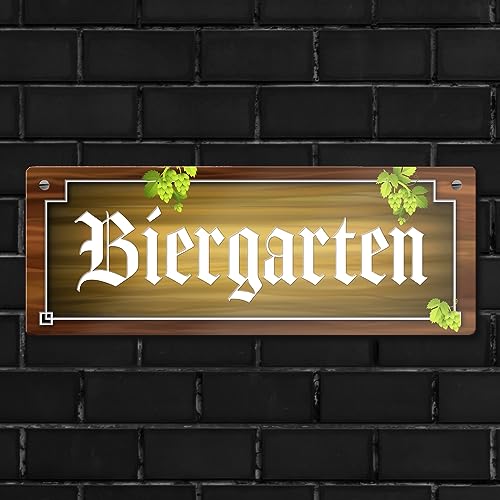 Biergarten Metallschild in Holz-Optik und Hopfen Motiv Bier Weizen Pils Kristall