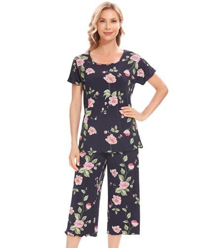 Image of NACHILA Women's Bamboo Viscose Pajama Sets Summer Cooling Short Sleeve Capri Soft Pjs Night Sweats Moisture Wicking Sleepwear