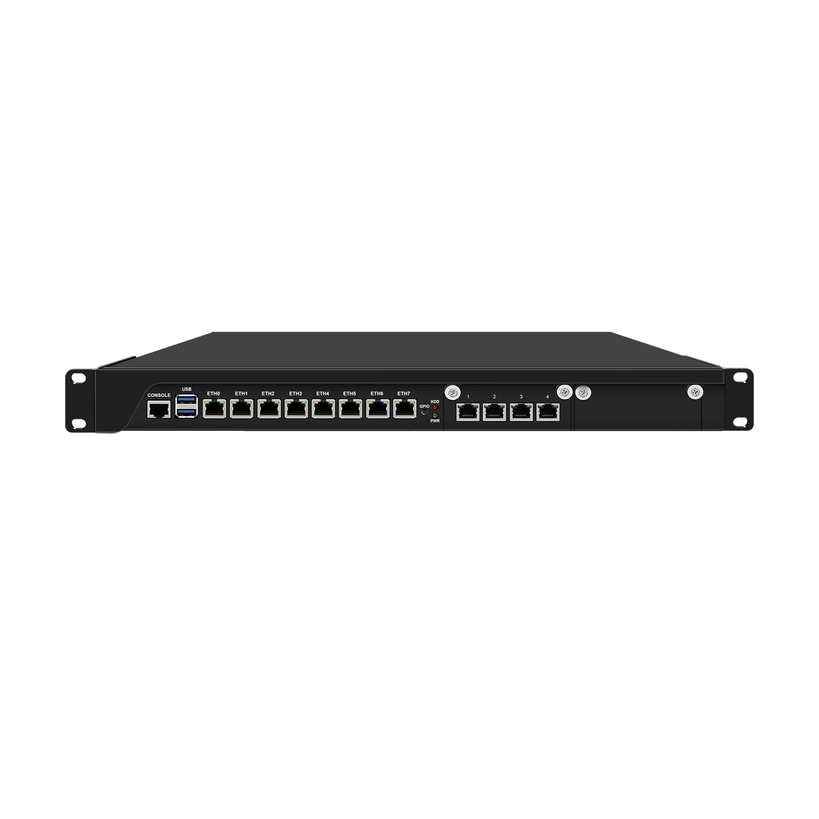 1U Rackable Cabinet Firewall Appliance, PFSense, Mikrotik, OPNsense, VPN, Router PC, Xeon E 2126G, RJ67, C246, 8 x 2.5GbE, 4 x 1GbE LAN, Console, GPIO, 32G RAM, 256G SSD