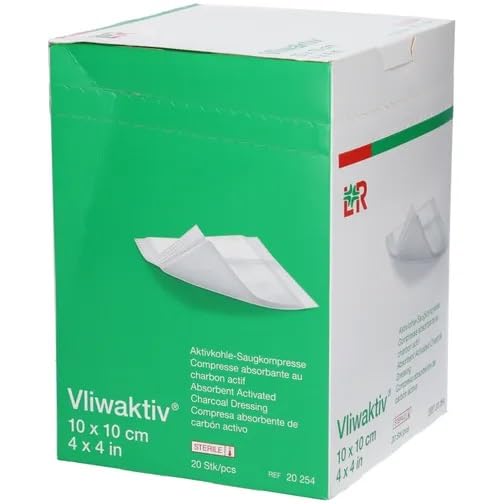 Vliwaktiv - 20 compresse di aspirazione al carbone attivo, 10 x 10 cm, sterili, sigillate singolarmente