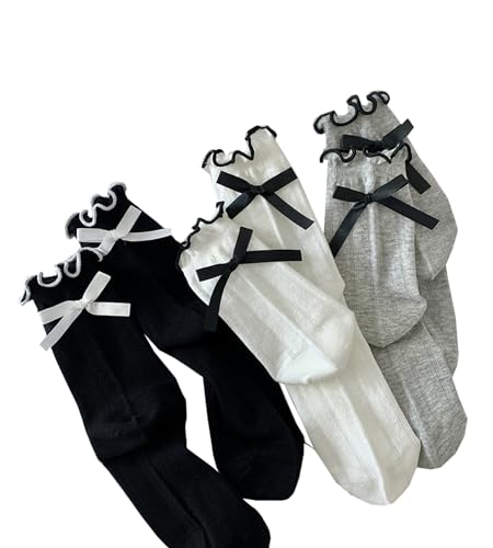 Image of Womens Bow Socks Ruffle Casual Crew Black Whitte Soft Breathable Cotton 4 Pairs Socks
