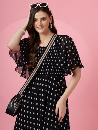 Image of Sheetal Associates Women's Fit and Flare Polka Print Georgette Flared Sleeve Casual Dress