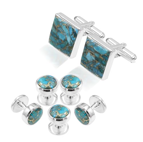 Spiny Oyster And Blue Copper Turquoise Cufflinks and 5 Shirt Studs Set – Handmade 925 Sterling Silver for Men – Luxury Gift for Weddings, Christmas, Birthdays