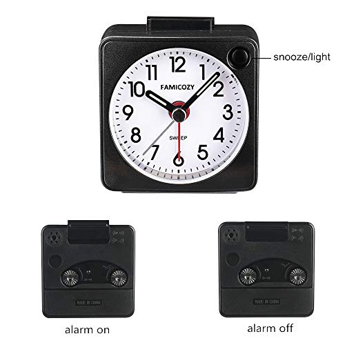 Famicozy Mini Size Alarm Clock, Quiet Non Ticking Travel Alarm Clock With Snooze And Nightlight,Gradually Increasing In Volume,Lightweight Analog Quartz Clock,Battery Operated,Black #TOP3