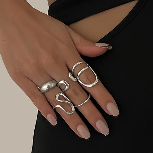 Chunky Silver Rings for Women Open Stacking Knuckle Ring Silver Adjustable Round Dome Rings Set Minimalist Irregular Statement Ring Women Jewelry2
