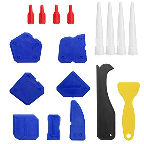 17 Pieces Caulking Tool Kit, Silicone Sealant Finishing Tool Grout Scraper Caulk Remover and Caulk Nozzle and Caulk Caps for Bathroom, Kitchen, Room Sealing