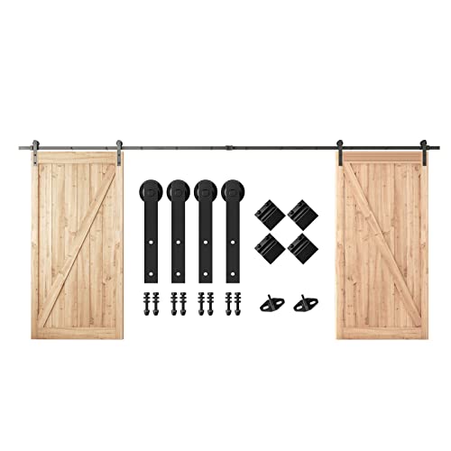SMARTSTANDARD 16FT Heavy Duty Double Door Sliding Barn Door Hardware Kit,Smoothly and Quietly-Easy to Install-includes Step-by-Step Installation Instruction Fit 48