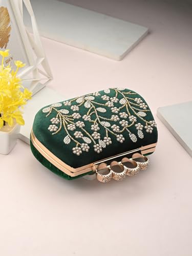 Image of TOOBA Handicraft Pearl Embroidered Clutch Purse For Women with Trendy Design 4-ring Handle & Tassel