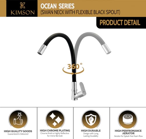 Image of KIMSON Ocean Curve Flexible Swan Neck Black Pillar Tap Faucet (Deck Mount Installation Type)