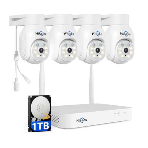 Hiseeu Kit Caméra de Surveillance WiFi Extérieure 5MP PTZ, NVR 10 Canaux avec Disque Dur 1To, Vision Nocturne Couleur, Détection Humaine, Alarme Sonore,...