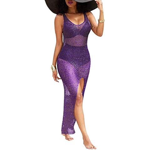 sexycherry Women's Sexy Swimsuit Cover Ups Casual See Through Sheer Long Maxi Dresses for Swimwear, Purple, Medium Cover