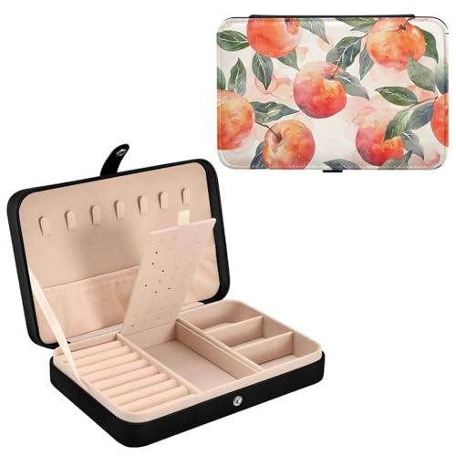 Haskirky Watercolor Peach Jewelry Box Portable PU Leather Travel Jewelry Organize for Women Jewelry Storage Display Holder for Ring, Necklace, Earring