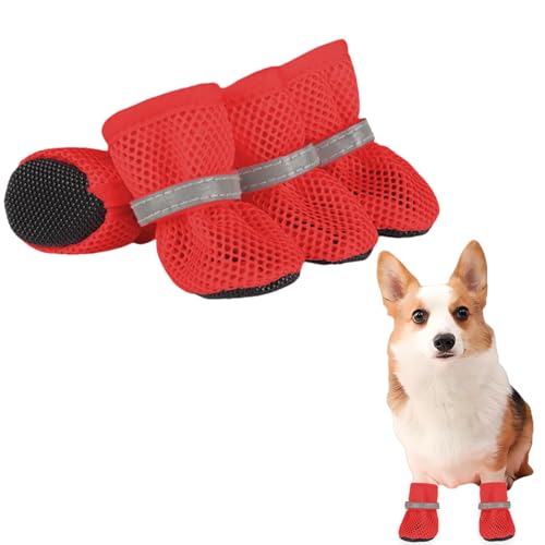 犬 靴 メッシュ 夏 犬 足カバー 通気性 滑り止め 脱げない 小型犬 中型犬 肉球保護 犬のくつ 散歩 犬 猫 夜間反射テープ付き 犬用シューズ 汚れ防止 アウトド アペット用 (レッド, XL)
