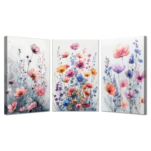 Poster Décoratif Botanique Wildflowers JOSUE 3 parties en toile rose et violette 50x70cm encadré