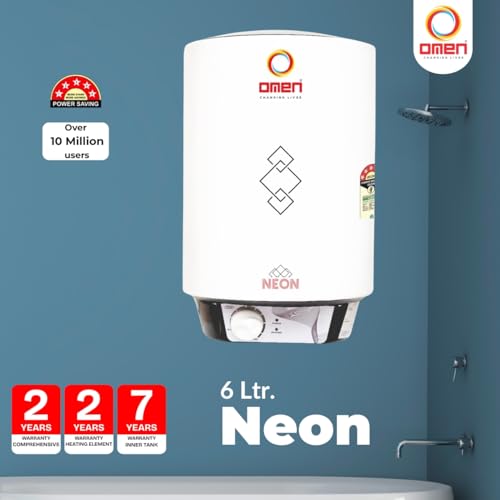 Image of Omen Changing Lives Neon 6Ltr Storage Water Heater (Geyser) | BEE 5 Star Rating | Glassline Tank | Advanced Multi-Layered Safety | Suitable For Hard Water & High-Rise Buildings | 7 Year Tank Warranty