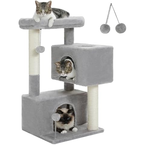 Cat Tree 31.5" Cat Tower with Sisal Scratching Posts and Dangling Ball, Cat Condos with Plush Perch, Cat Bed for Indoor Cats, Grey Cover