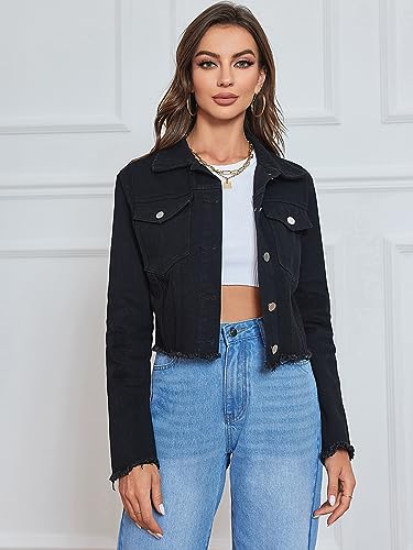 Women's Cropped Jean Jacket Button Up Casual Ripped Frayed Washed Denim Jacket2
