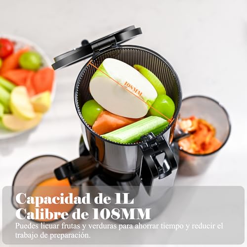 Fretta Extractor de Zumos y Verduras, Apertura de 108MM y Capacidad de 1L, Licuadora Prensado en Frio para Verduras Frutas Enteras, 200W Slow Juicer Machine, Fácil Montaje y Limpieza,Sin BPA(Negro,1L) - imagen 2