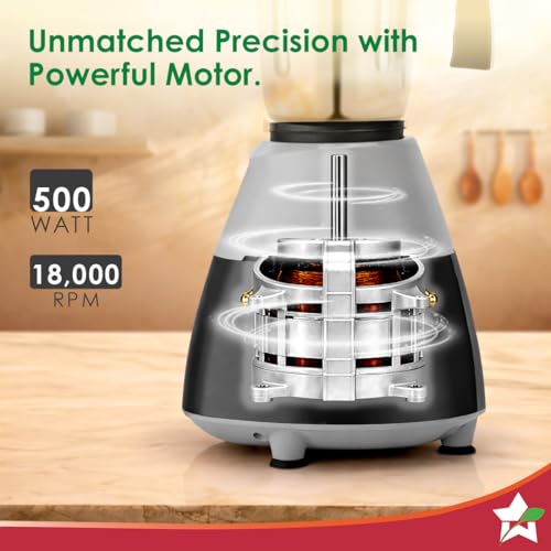 Image of Wonderchef Vista Neo Mixer Grinder for Kitchen, 500W, 2 Multi-purpose Jars, Stainless-steel Blades for Masala, Chutney, Idli /Dosa Batter, Puree, Paste, 3-Speed Control, Pulse Function, 2-Yr Warranty