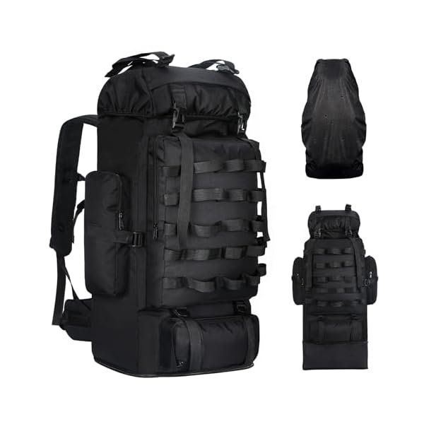 70L/100L Camping Hiking Backpack with Rain Cover, Expandable Large Military Tactical Backpack, Waterproof Molle Racksack Travel Backpacking Daypack for Climbing Trekking (Black)
