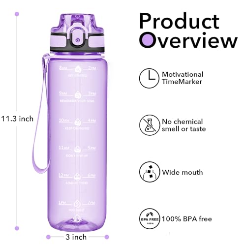 Image of 32oz Transparent Water Bottle with Time Marker, Clear Purple Motivational Drinking Bottle with Strap, BPA-Free Leak-Proof, Encouraging Water Bottle to Drink Water for Gym School Office Travel