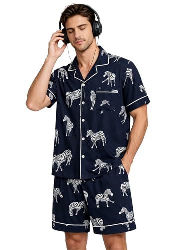 Image of Mens Pajamas Set Short Sleeve Sleepwear Summer Pjs Button Down Pijamas Set Modal 2PCS Pj Set with Pockets, Navy Zebra-XL