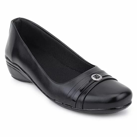 Women's Black Formal Wedge Heel Ballerina Shoes with Metal Buckle Accent – Slip-On Bellies for Office & Formal Wear-image-1