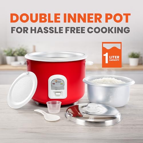 Image of ULTRON 1L Automatic Electric Rice Cooker with Double Aluminium Pot | Auto Cook & Auto Warm Function | Cool Touch Handles | Durable Body | 2 Year Product Warranty & 5 Year Heating Coil Warranty (red, 1 L)