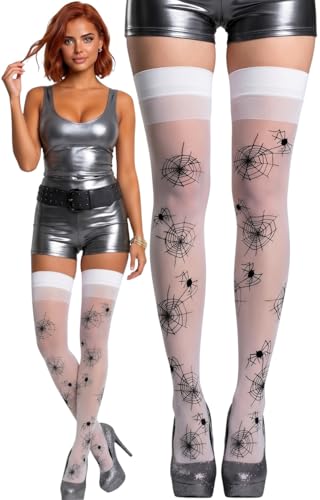 Image of ToBeInStyle Women's Spiderweb & Crawling Spider Print Hosiery Tights & Thigh High Stockings