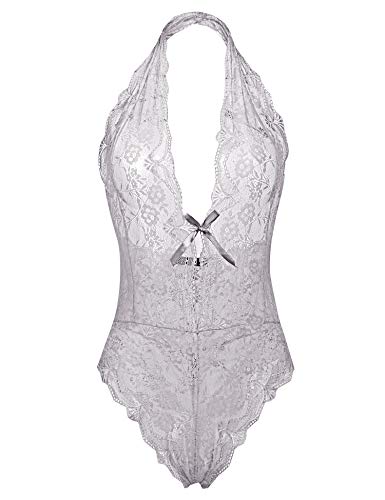 ADOME Women One Piece Lingerie Lace Teddy V Neck Bodysuits Halter Babydoll (XXL, Style 1:Gray)
