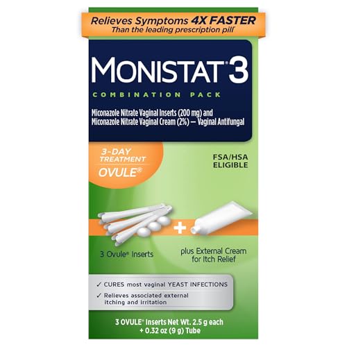 Monistat 3-Day Yeast Infection Treatment for Women, 3 Miconazole Ovule Inserts & External Itch Relief Cream (9g Tube) Combo Pack