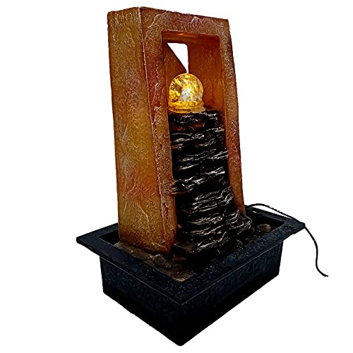 Image of Polyresin Golden Brown Designer Table Top Indoor Rock Finish Waterfall Fountain with Yellow LED Lights, Speed Controller Pump & Crystal Ball (Size: 40.5 x 29.5 x 22CM | Weight: 2240grm)
