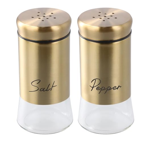 Chstarina 2 Stück 150ml Gold Salz Pfeffer Shaker, Gewürzstreuer aus Glas und Edelstahl, Salz und Pfefferstreuer Klein Set, Gewürzstreuer Gold für Haus, Küche, Restaurant, BBQ