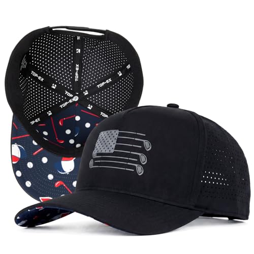 TOP-EX USA Golf Flag Hat for Men Water Resistant Patriotic Baseball Cap Printed Under Visor with Tee Holder Laser Perforated Breathable Golf Trucker Hat Mens Golf Gifts Black M/L