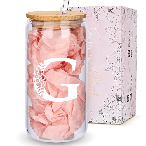 Personalized Gifts for Women, Monogrammed Glass Cups with Lids and Straws, Custom Tumbler, Cute Customized Mug, Aesthetic Stuff, Initial Iced Coffee Cup, Drinking Glasses, Birthday Teacher Gifts, G
