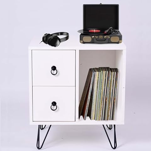 Record Player Stand with Vinyl Storage, Holder Record Player Table Cabinet for Album Cabinet Vinyl Display Shelf with Metal Legs, Mid-Century Turntable Stand for Bedroom Living Room Office(White) Cover