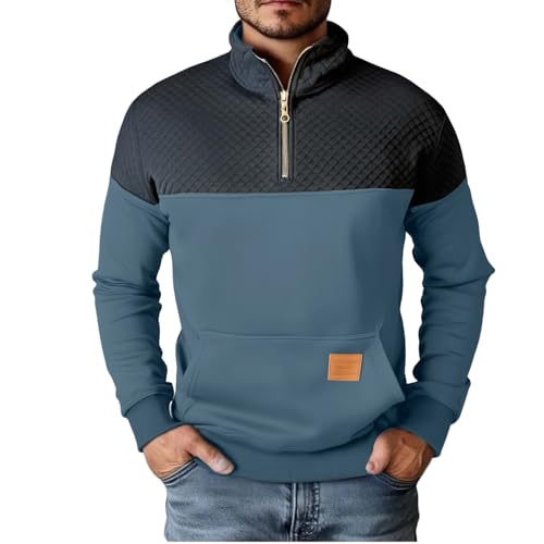 Men's Quarter Zip Pullover Quilted Color Block Long Sleeve Stand Collar Sweatshirt Winter Sweater Tops2
