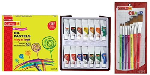 Image of Camel Oil Pastel (50 Shades) & Camlin Champ Flast Brush Set - Pack of 7 & Camlin Kokuyo Artist 40ml Acrylic Color Shade - 12 Shades