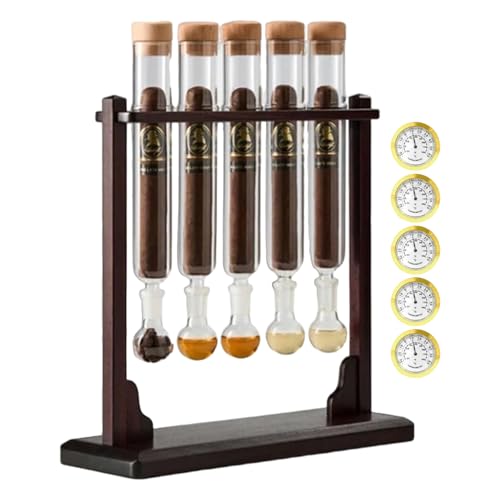 Cigar Flavor Injector Humidifier Multiple Cigar Infuser Glass Tube Kit with Wooden Stand with Hygrometer & Airtight Caps for Men Cigar Lovers and Enthusiasts (5PCS)