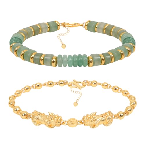 Jade Bracelet for Women, 2Pcs Beaded Bracelets for Women Feng Shui Healing Crystals Protection Bracelet Gold Adjustable for Girls (Green Aventurine)