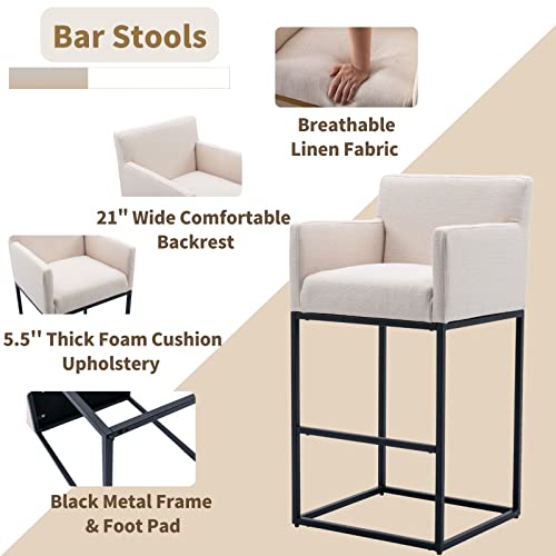 Image of Modern Counter Height Bar Stools Set of 6, Linen Fabric Upholstered Bar Stools with Backs, 30 Inch Kitchen Island Stools with Black Metal Frame, Cream