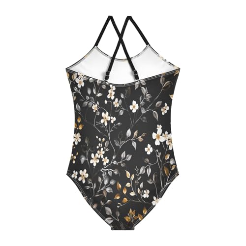 Black Flower Girls One-Piece Swimsuit Beach Bathing Suit2