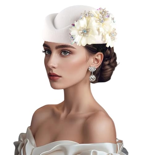 YPLOJOUO Women Vintage Church Hats Crystal Flower Applique Felt Pillbox Hats Fascinator Tea Party Caps (Z1-White ONE Size)